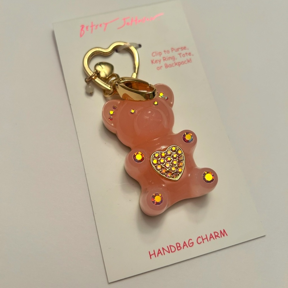 NWT Authentic Betsey Johnson Pink Gummy Bear Bag Charm Key Chain Key Fob Clip